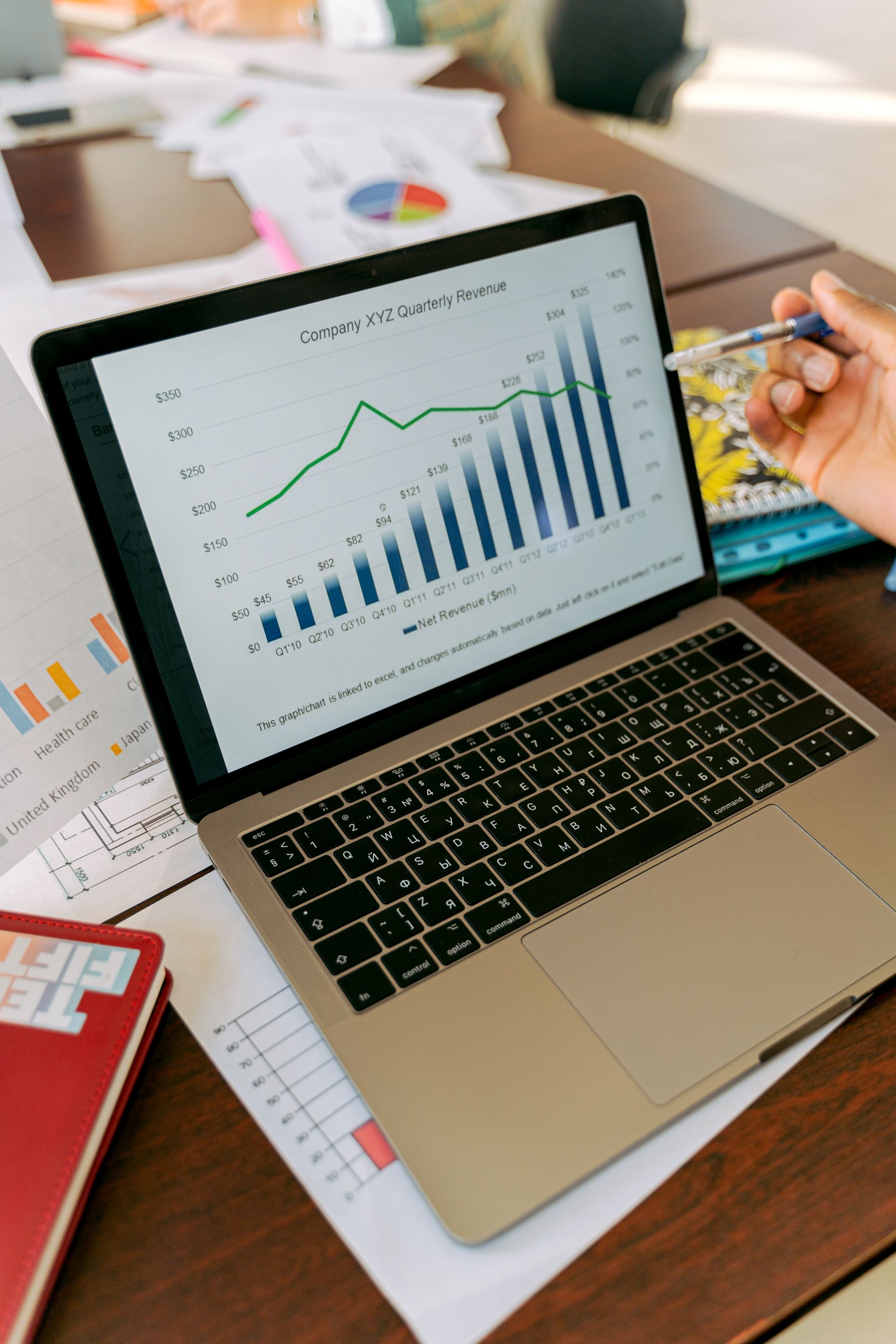 Painel de dados e indicadores comerciais exibido em um notebook